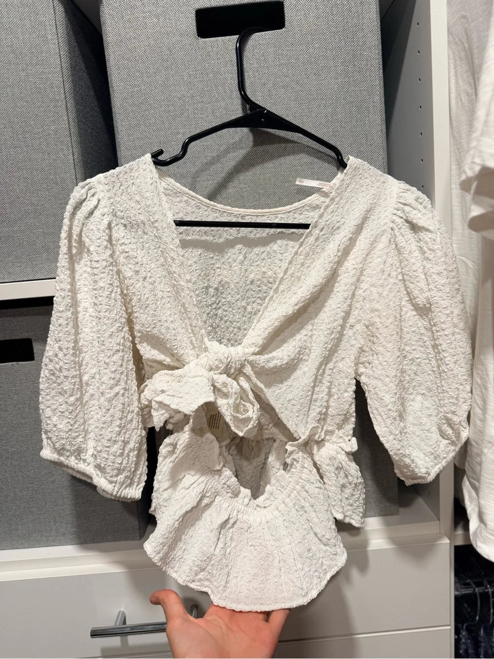 Free People Women's Cream Textured Puff Sleeve Peplum Top
